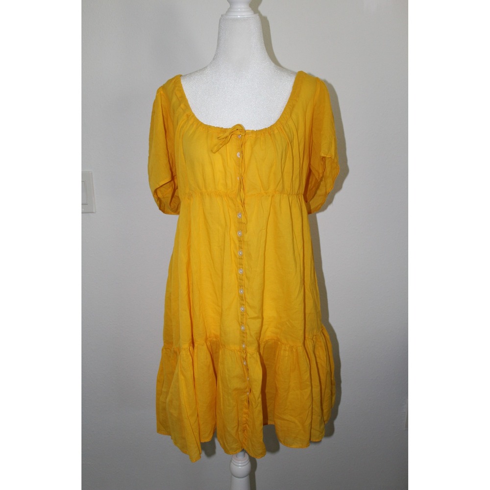 J.Crew Women's Yellow Cotton Tiered Button Front Mini Dress Large Scoop Neck Tie